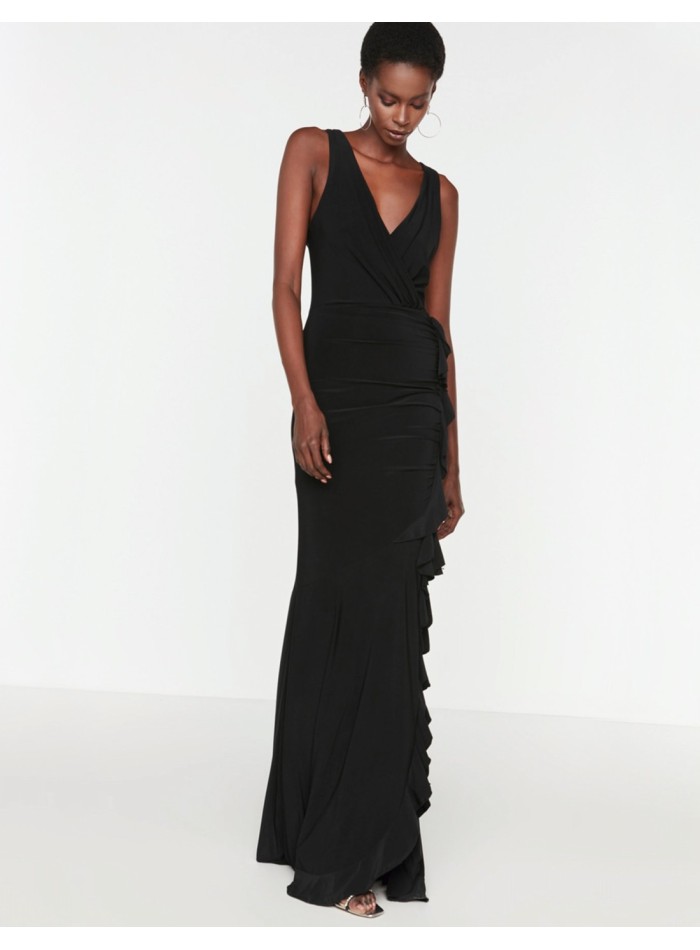 Robe longue élastique avec fente à volants