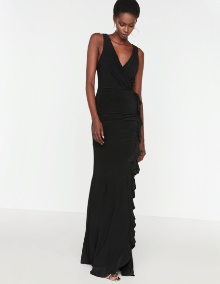 Robe longue élastique avec fente à volants