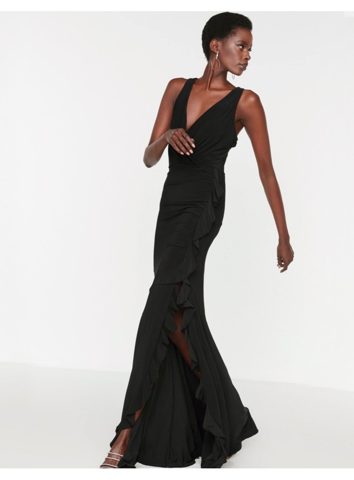 Robe longue élastique avec fente à volants