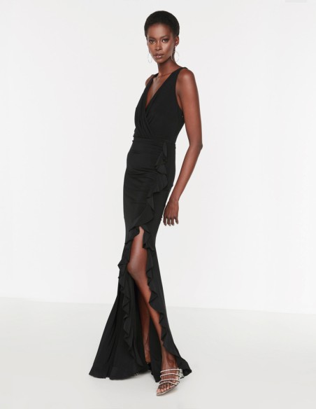 Robe longue élastique avec fente à volants