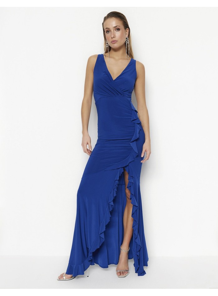 Robe longue élastique avec fente à volants