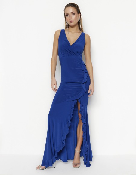 Robe longue élastique avec fente à volants