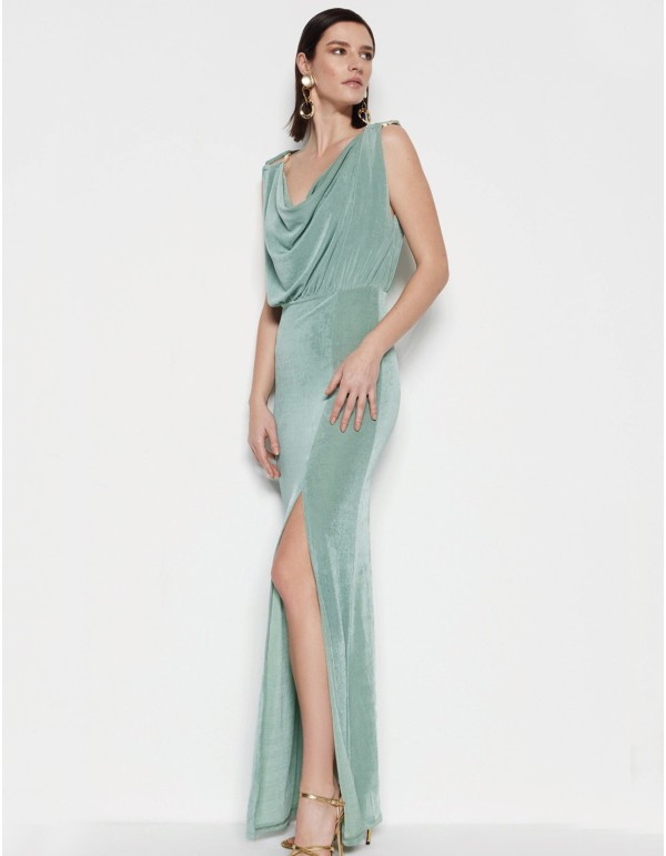 Vestido de fiesta estilo griego azul claro con detalles dorados