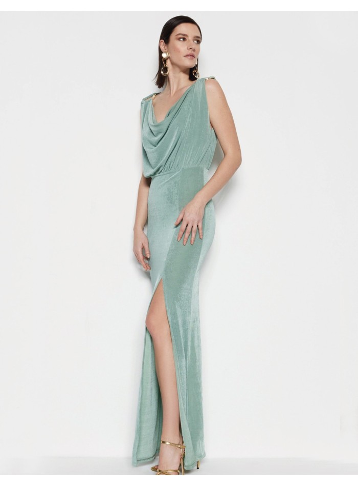 Light blue greek style evening dress with gold detailing