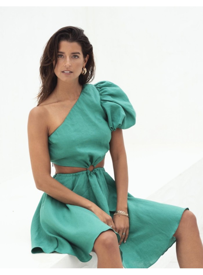 Short turquoise cut-out dress with asymmetric neckline