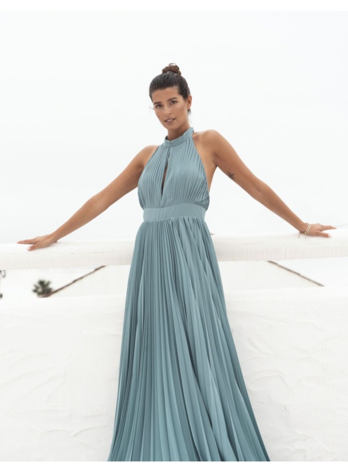 Blue pleated long dress with halter neckline