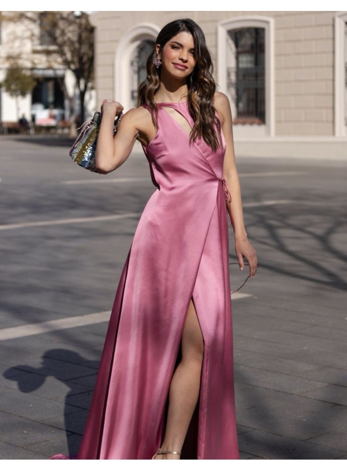 Long pink satin party dress