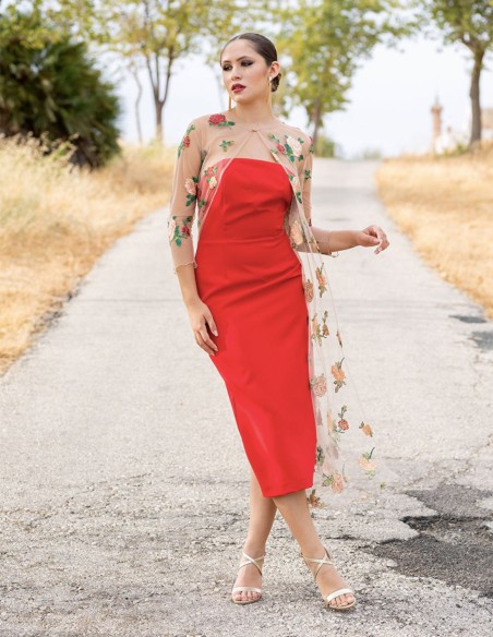 Robe midi sans bretelles avec superposition de tulle brodé