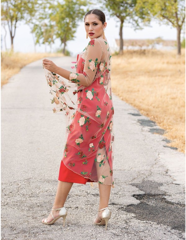 Vestido midi palabra de honor con sobrecapa de tul bordada 2