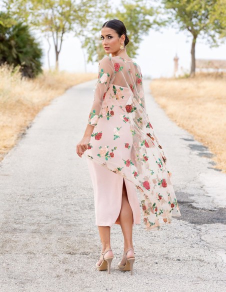 Strapless midi dress with embroidered tulle overlay