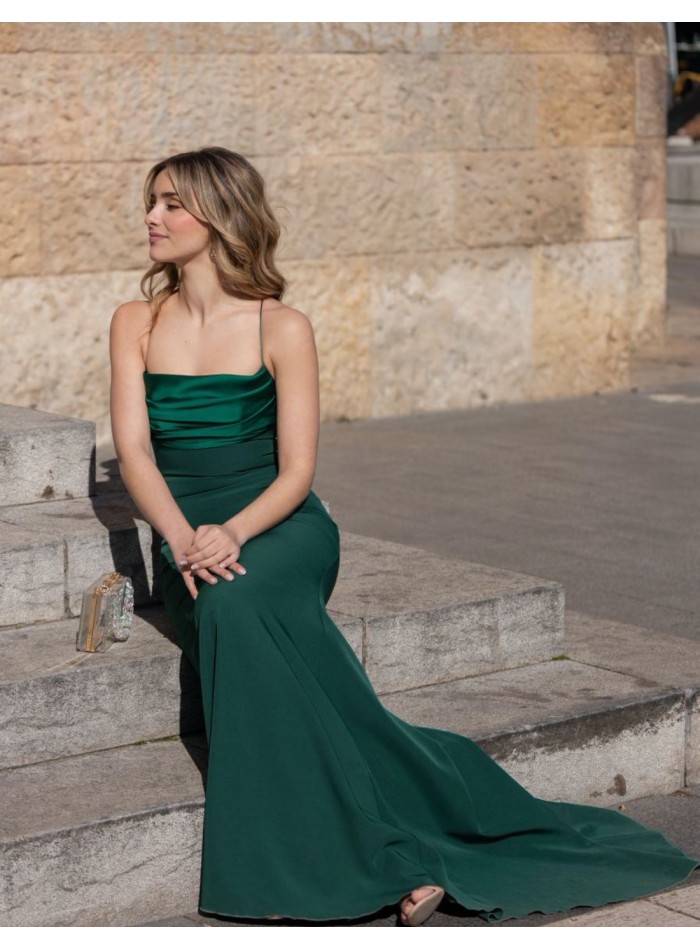 Bottle green long party dress with draping on the chest.