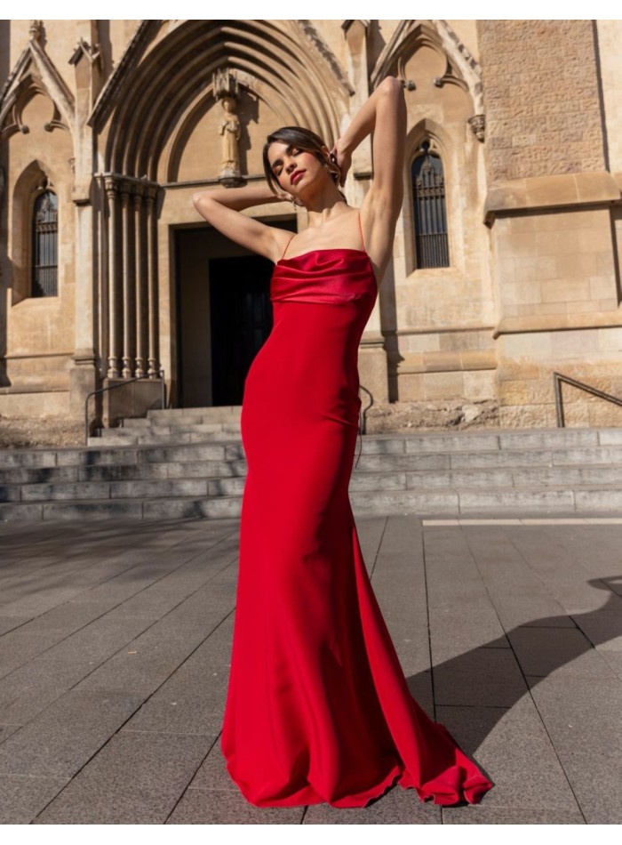 Long mermaid dress with draped satin and open back.