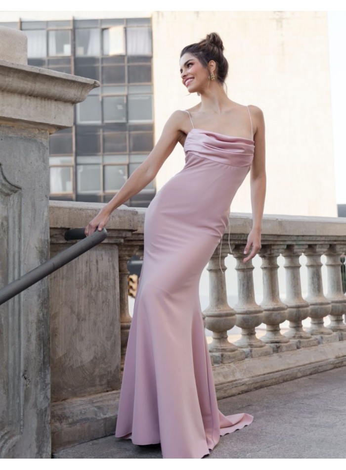 Long party dress with draped neckline and low-cut back.