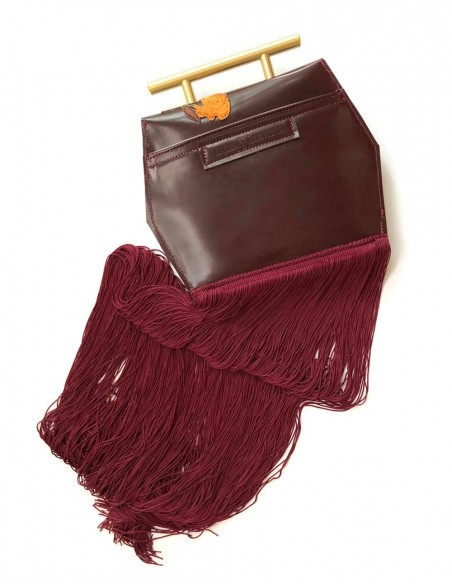 Wine colour handbag with fringes and flower embroidery