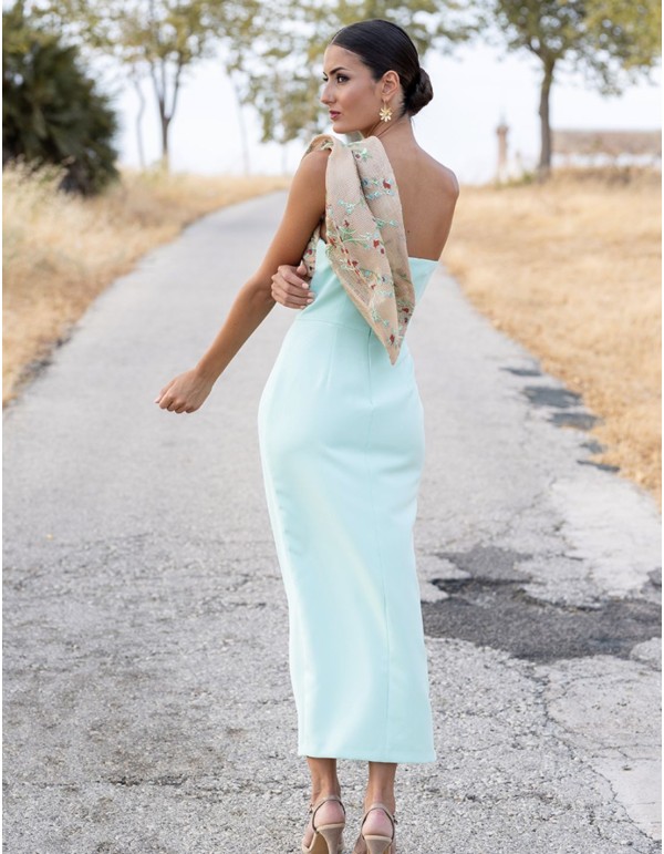 Plain midi dress with asymmetric printed neckline 2