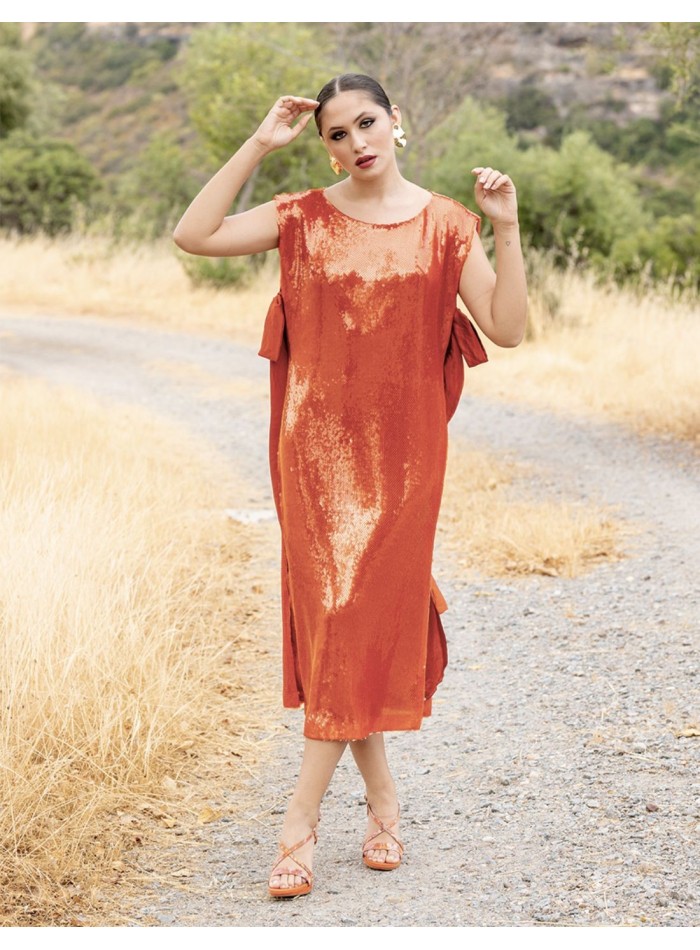 Terracotta midi party dress with sequins