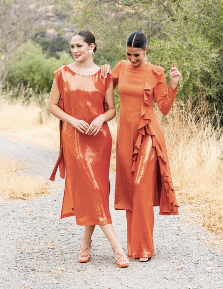 Vestido midi de fiesta terracota con lentejuelas