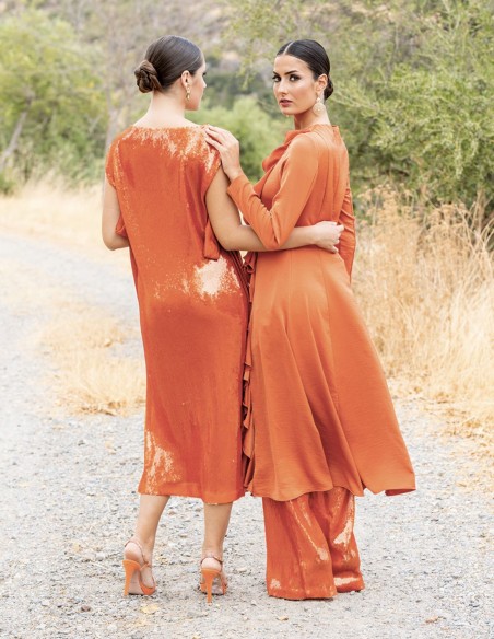 Robe de soirée midi en terre cuite avec sequins