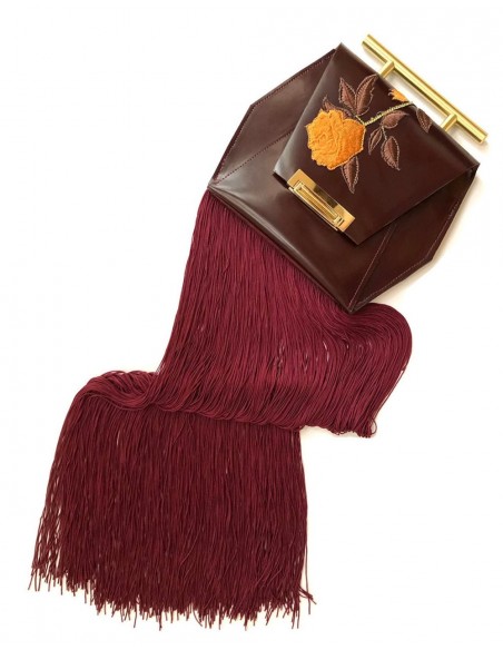 Wine colour handbag with fringes and flower embroidery