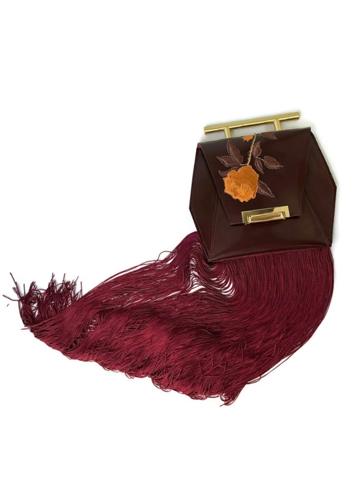 Wine colour handbag with fringes and flower embroidery Angela Valentine Handbags - 1