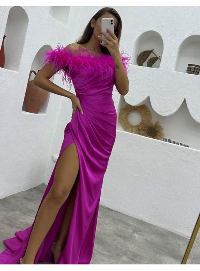 Long party dress with feathered bardot neckline and side slit