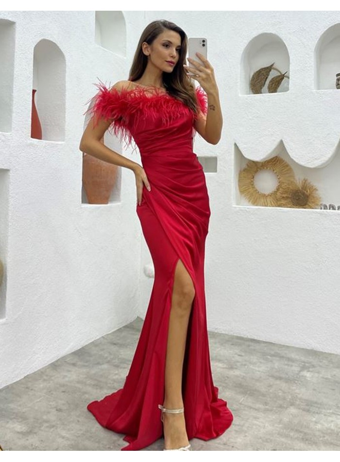 Long party dress with feathered bardot neckline and side slit