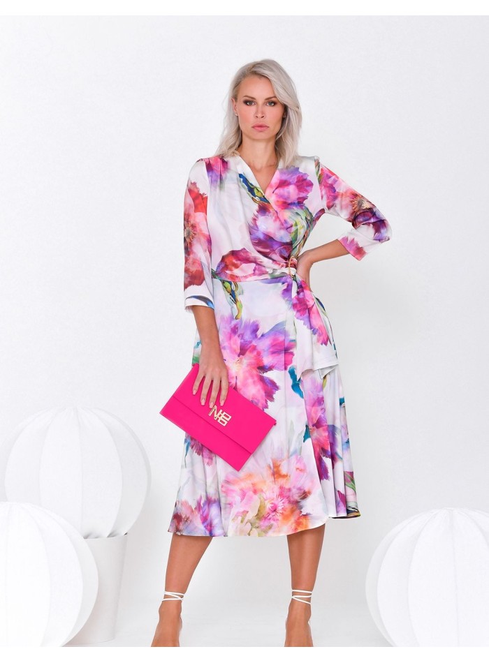 Floral print cocktail dress with crossover neckline