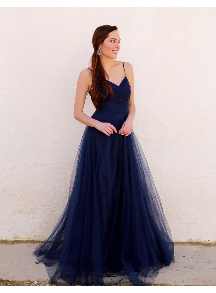 Long tulle party dress with crossover neckline