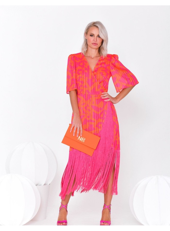 Fuchsia and orange print fringed crossover midi dress