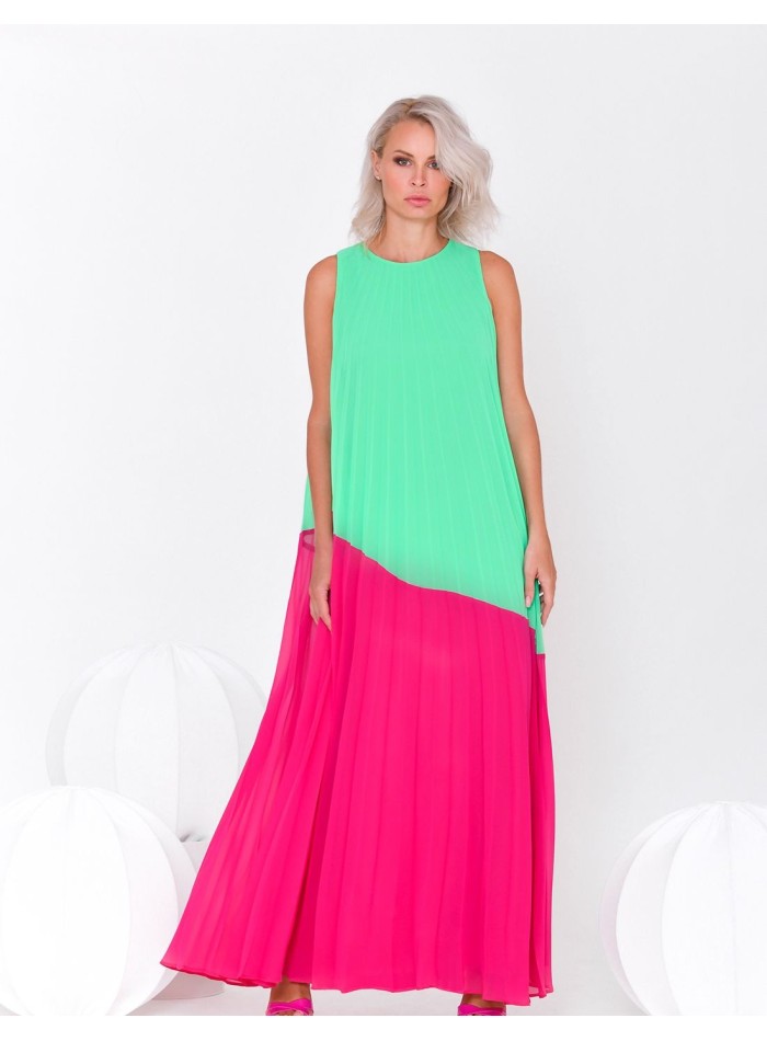 Sleeveless two-colour long dress with round neckline