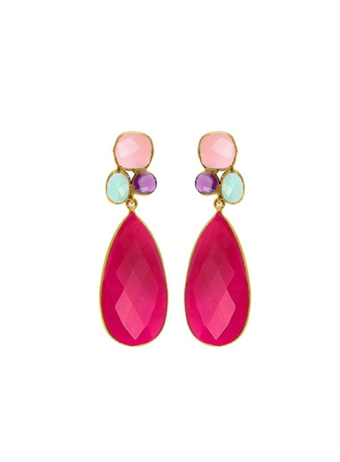 Boucle d'oreilles de fête en quartz rose et calcédoine fuchsia