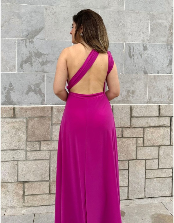 Vestido largo de fiesta color fucsia estilo multiposición para ocasiones especiales.