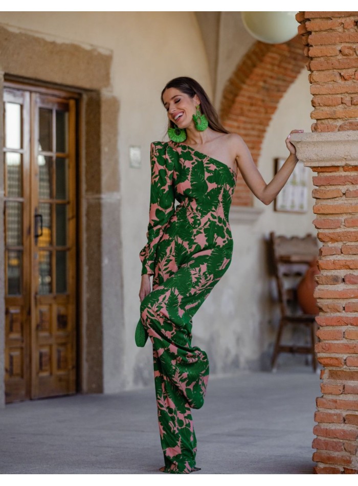 Long straight party jumpsuit with coral floral print