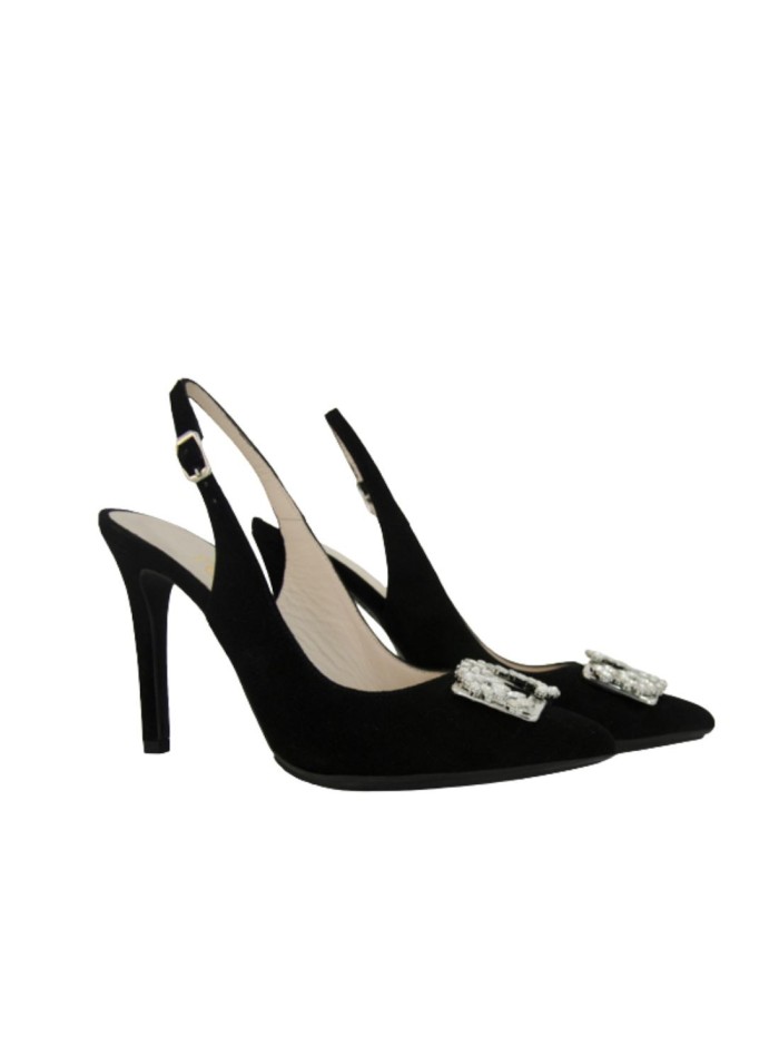 Black suede party shoes with jewel embellishment