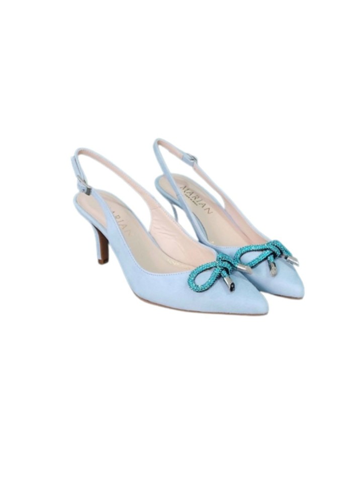 Light blue party shoes with jewel embellishment on the toe
