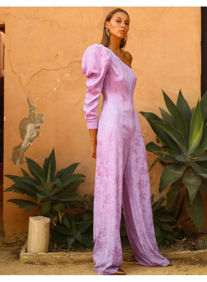 Party jumpsuit with asymmetrical neckline and puffed sleeves by Meryfor