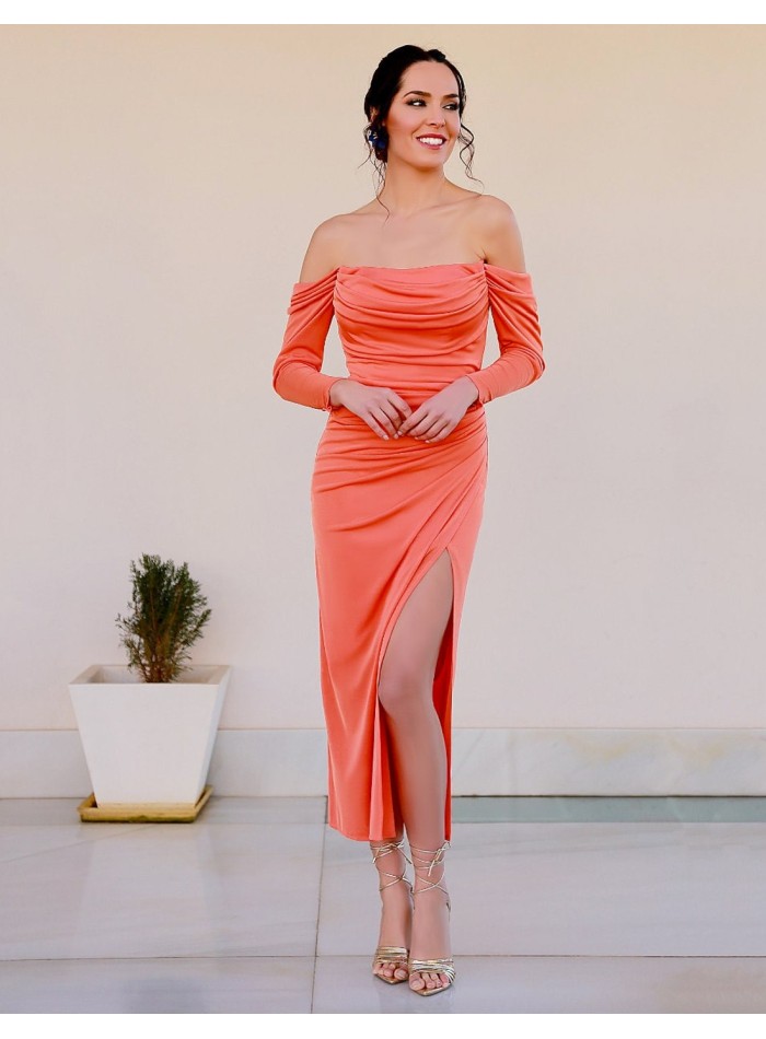 Vestido midi de fiesta con escote plisado con mangas caídas