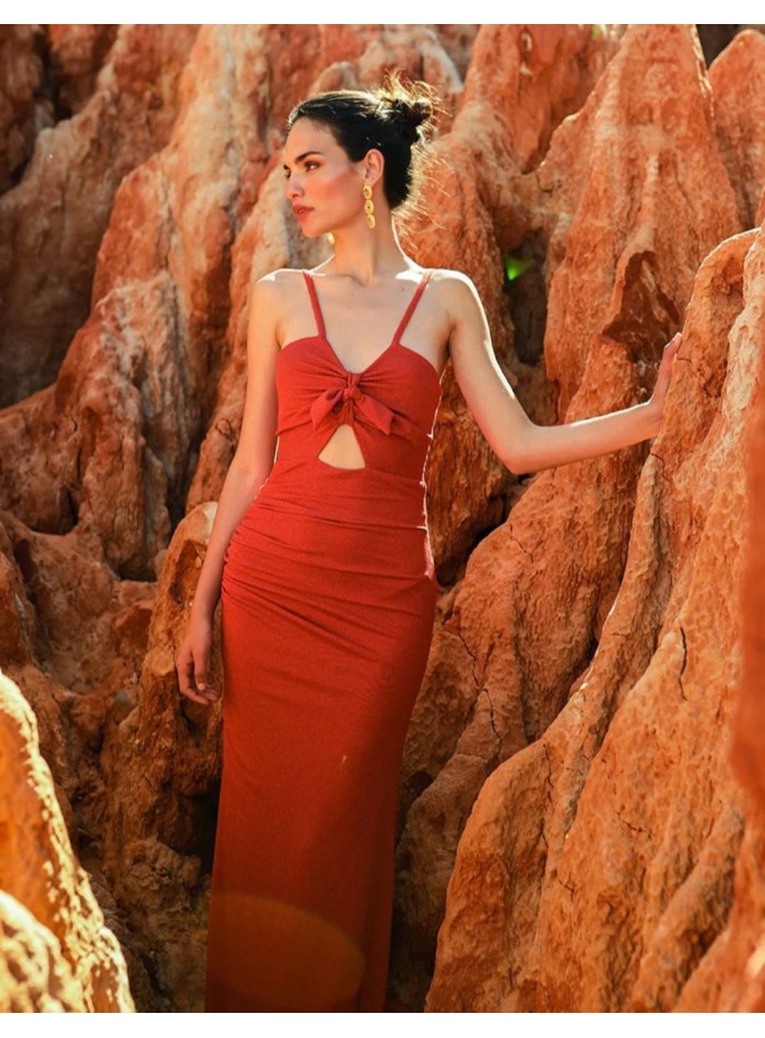 Long draped party dress with cut-out bodice