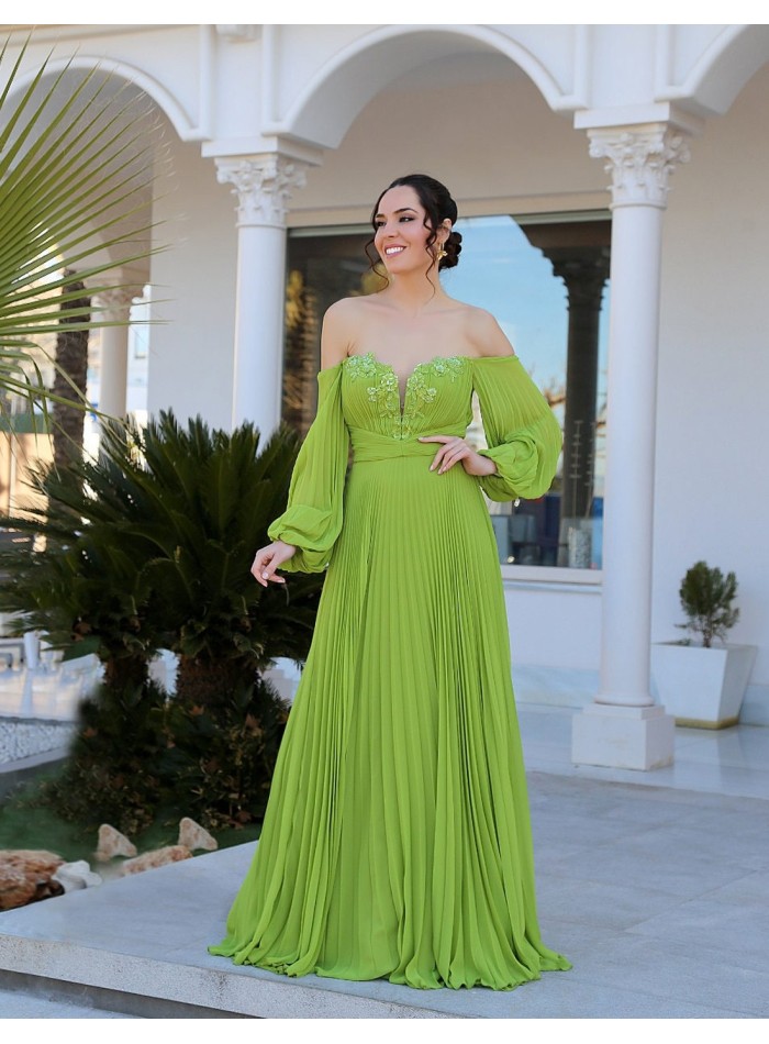 Long pleated party dress with plunging sleeves and embroideries pistachio