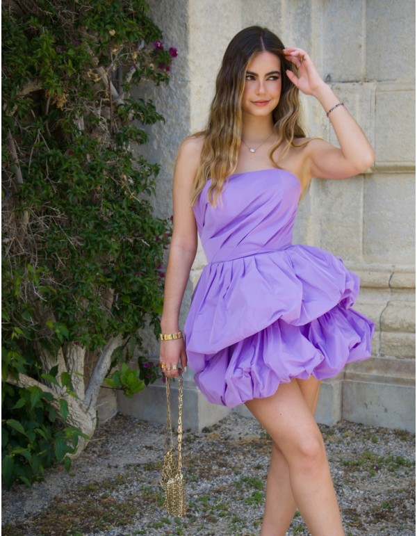 Short party dress with bandeau neckline and layered flared skirt