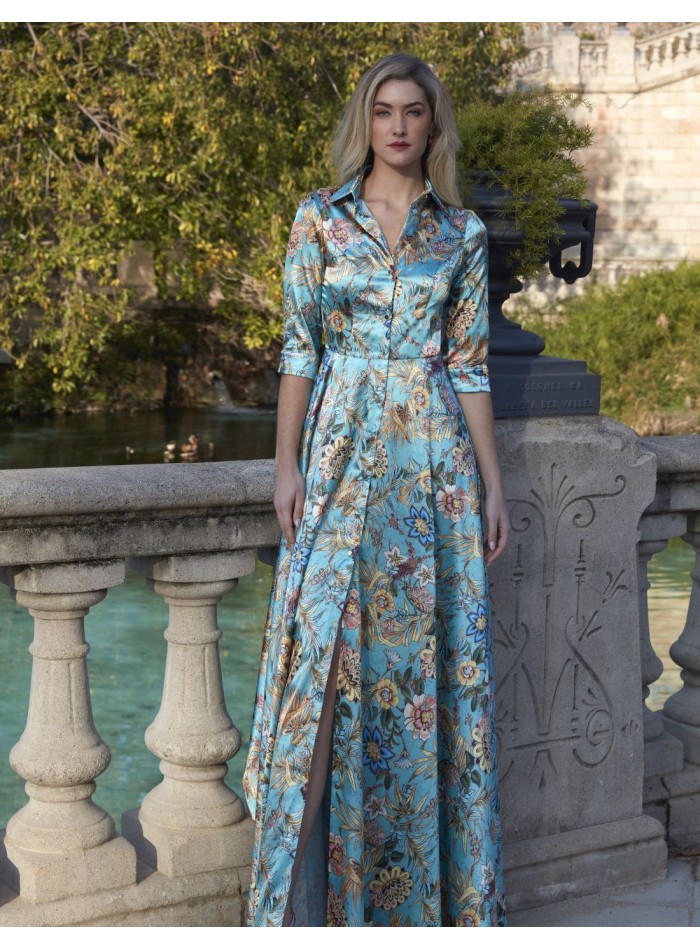 Long shirt dress in satin with floral print