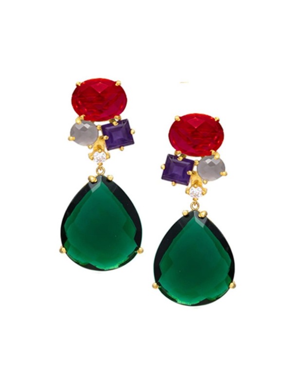 Green party earrings with geometric stones in red, gray and purple, perfect for events.