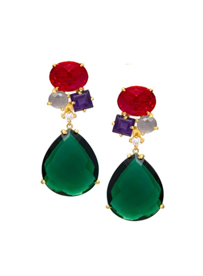 Green party earrings with geometric stones in red, gray and purple, perfect for events.