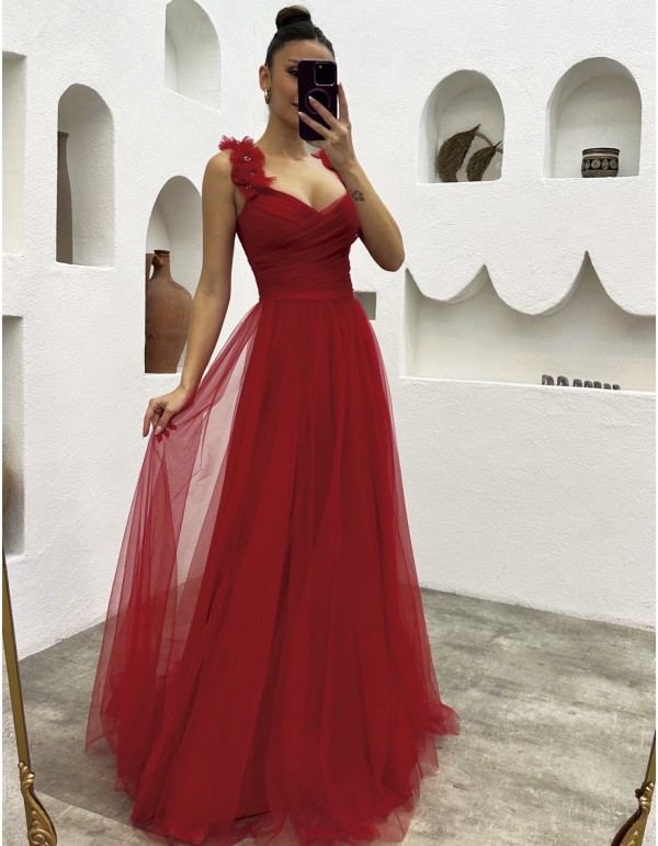 Long tulle party dress with floral straps 2