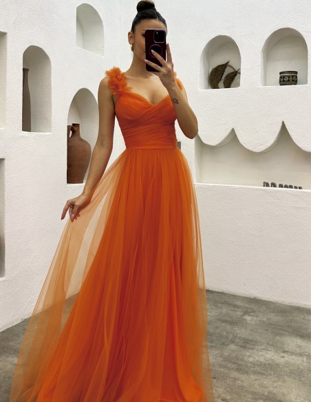 Long tulle party dress with floral straps