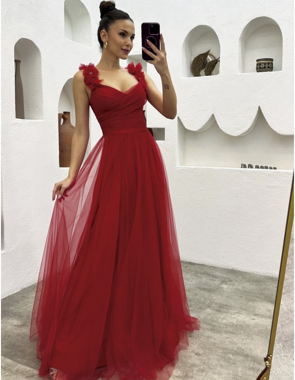 Long tulle party dress with floral straps