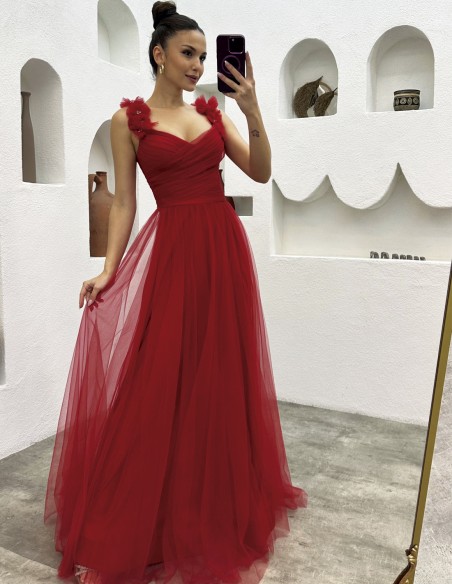 Robe de soirée longue en tulle avec bretelles florales