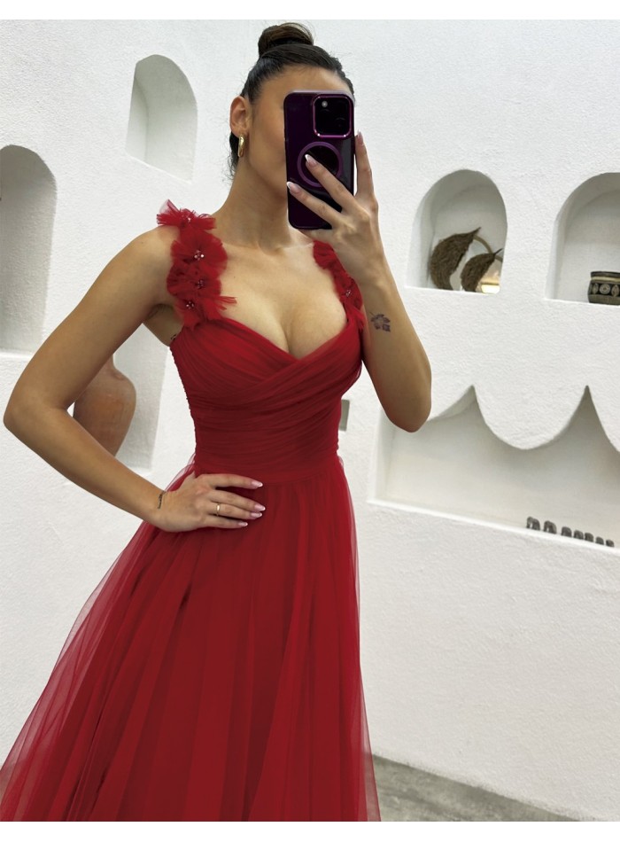 Robe de soirée longue en tulle avec bretelles...