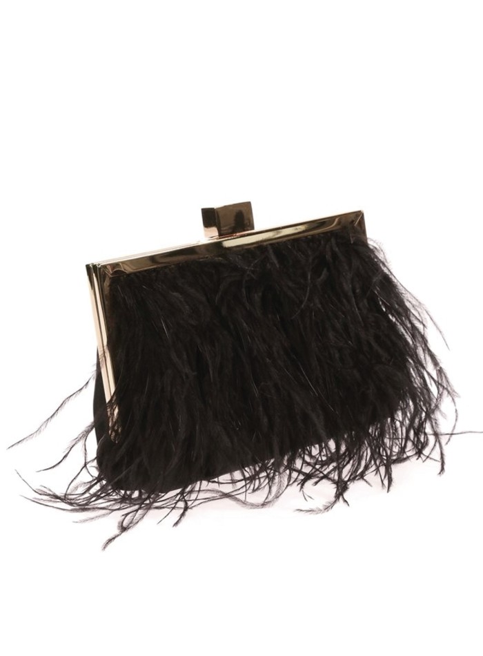 Black Feather Purse Clutch With Jeweled Clasp 