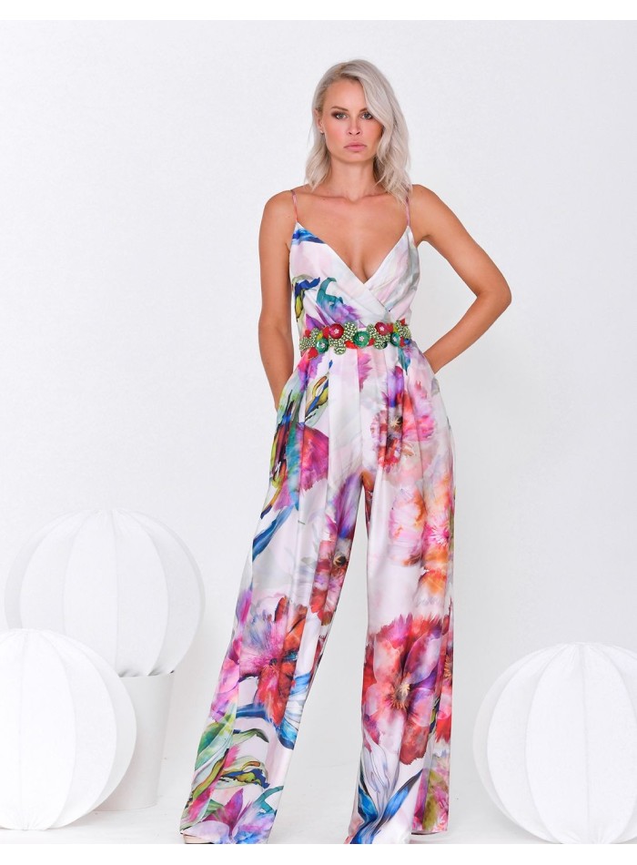 Long party jumpsuit with straps and crossover neckline
